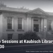 Archival 1924 photo of the Kaubisch Memorial Public Library building in Fostoria, Ohio, with headline: Free Help Sessions at Kaubisch Library Oct. 28 and Oct. 30
